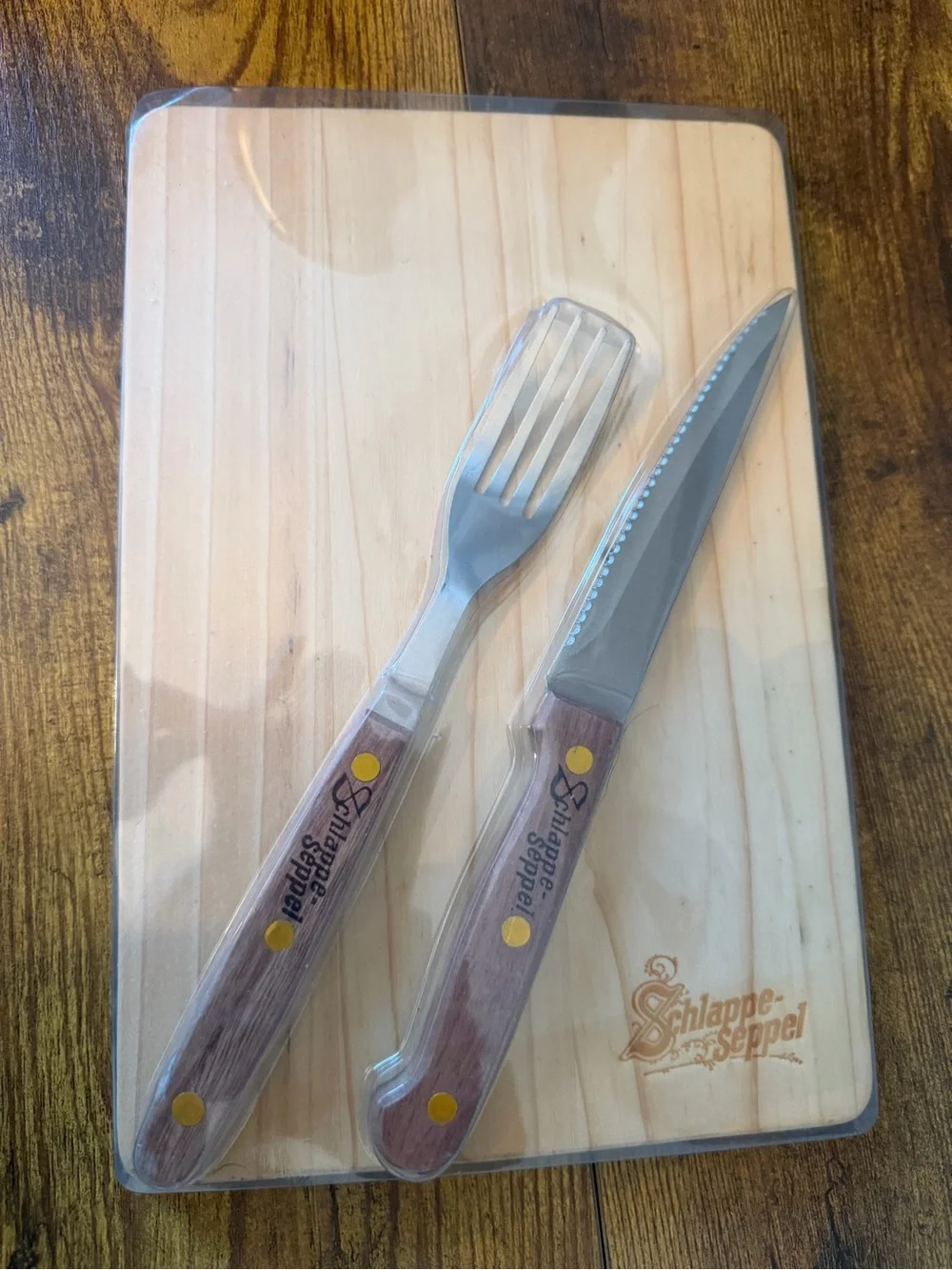 Schlappe Seppel German Brewery Steak Board Knife Fork Set Sealed Advertising NOS